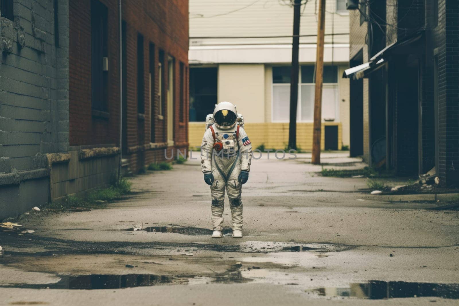 Astronaut walking down at the old streets Generative AI.