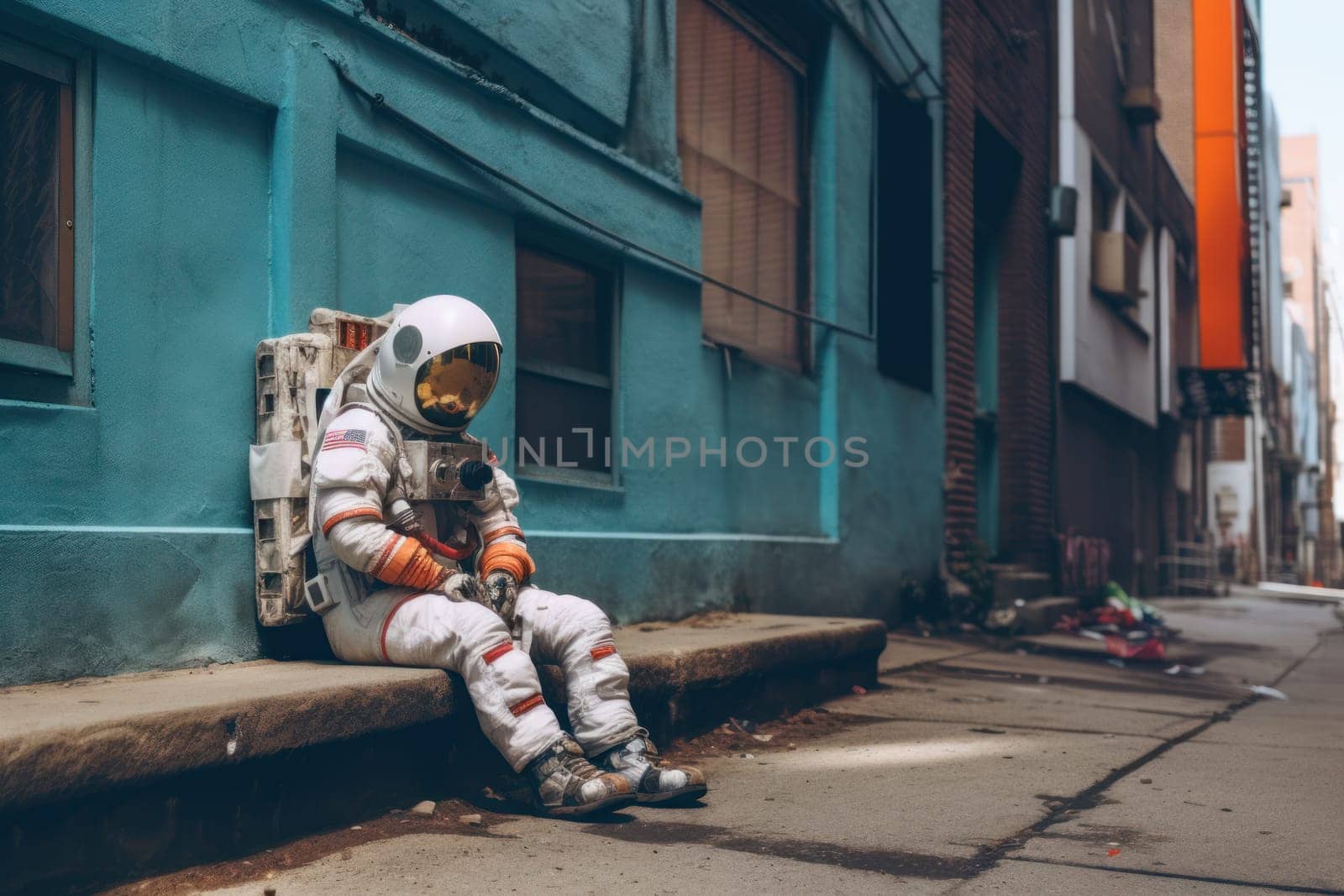 Astronaut walking down at the old streets Generative AI.
