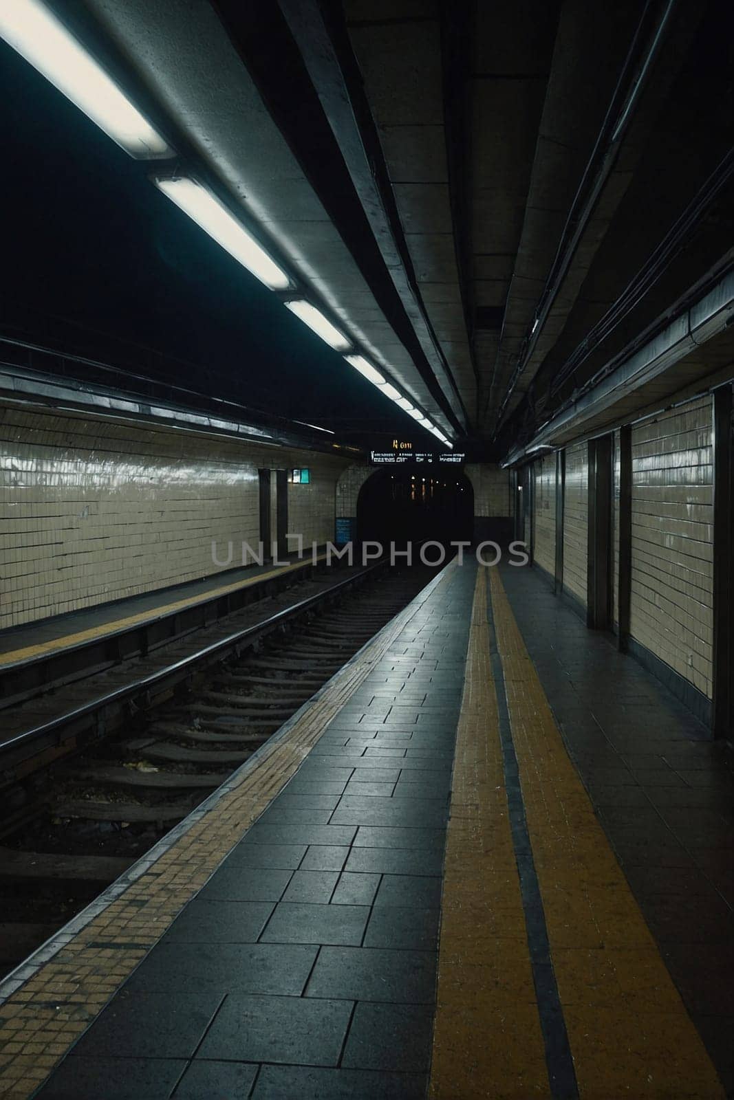 Subway Station With a Train on the Tracks. Generative AI. by artofphoto