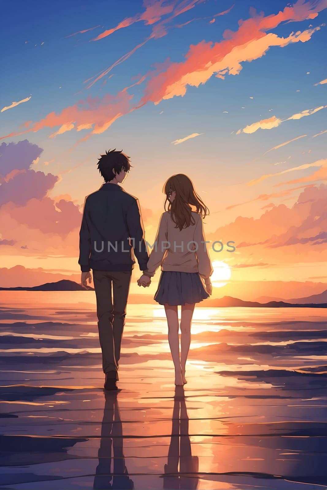 A man and a woman are depicted walking together along a beautiful beach as the sun sets in the background.