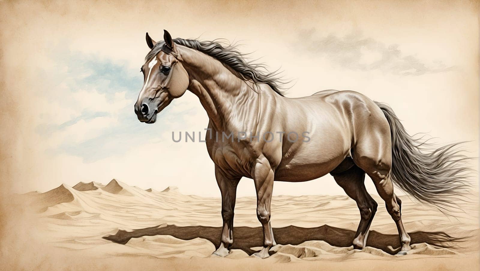 A realistic painting of a horse standing stoically in a vast desert landscape.