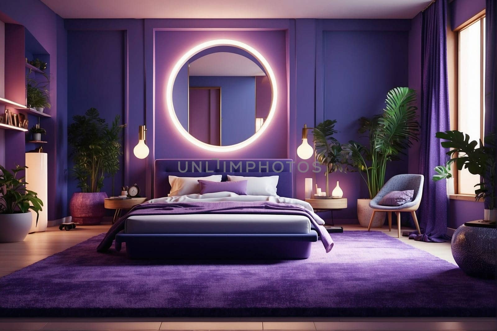 A bedroom featuring purple walls and a round mirror, creating a vibrant and modern atmosphere.