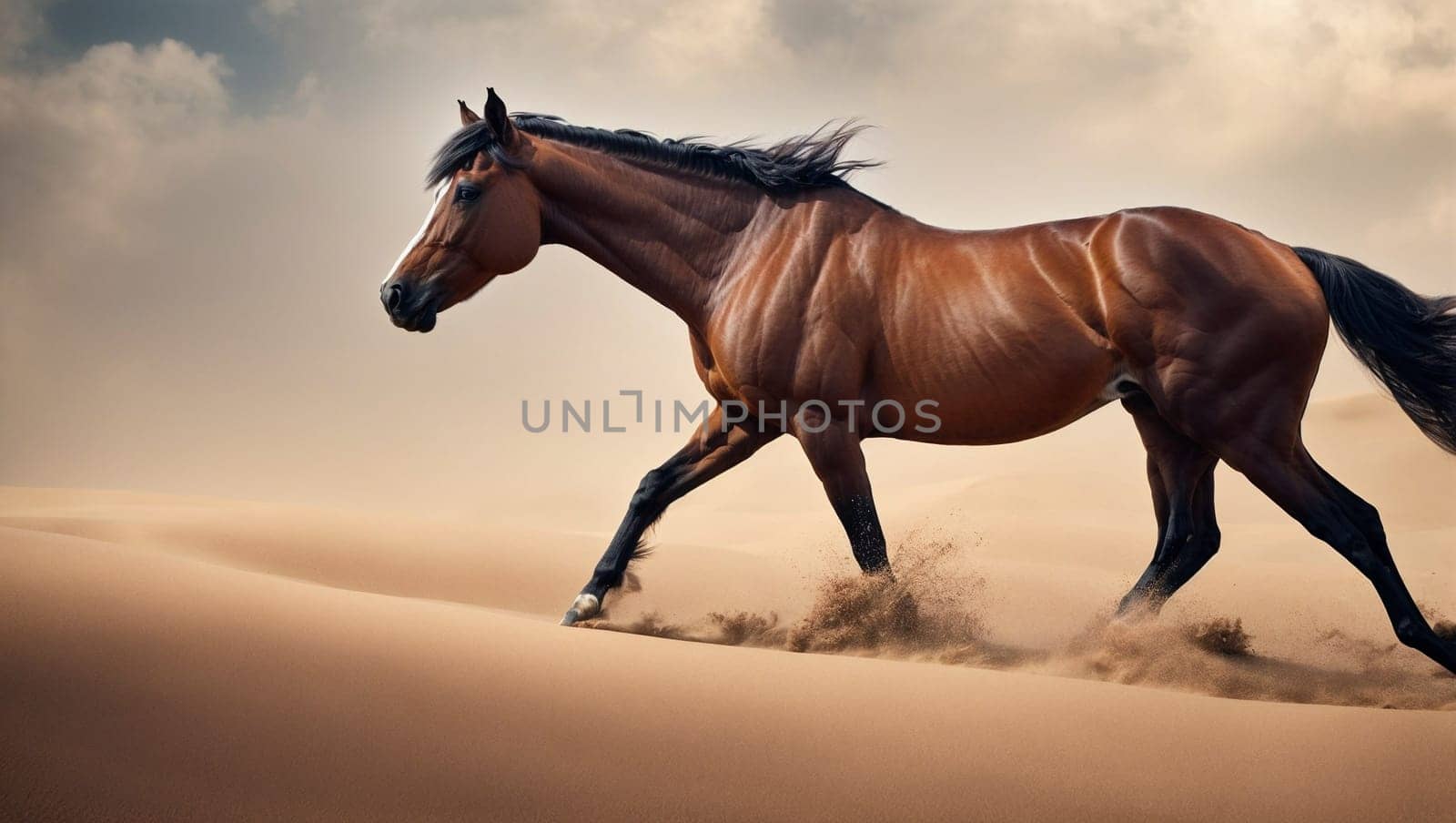 A powerful horse races across the sandy terrain with stunning cloud formations in the background.