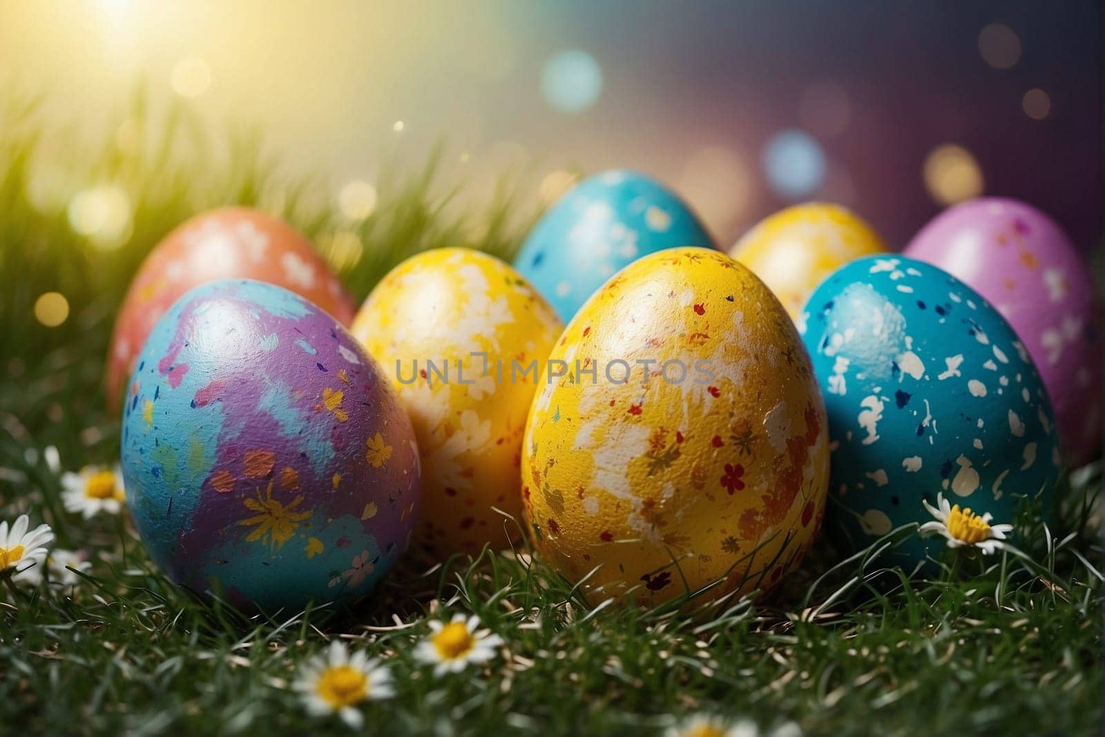 Group of Painted Eggs Resting on Grass-Covered Field. Generative AI. by artofphoto