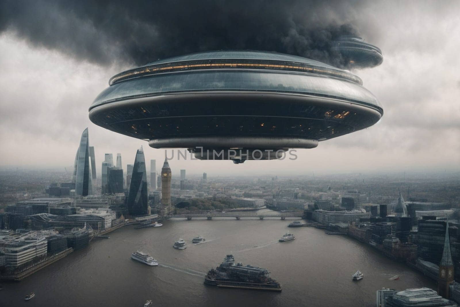 A colossal flying object, defying gravity, is seen suspended above the city in a remarkable display of mystery and wonder.