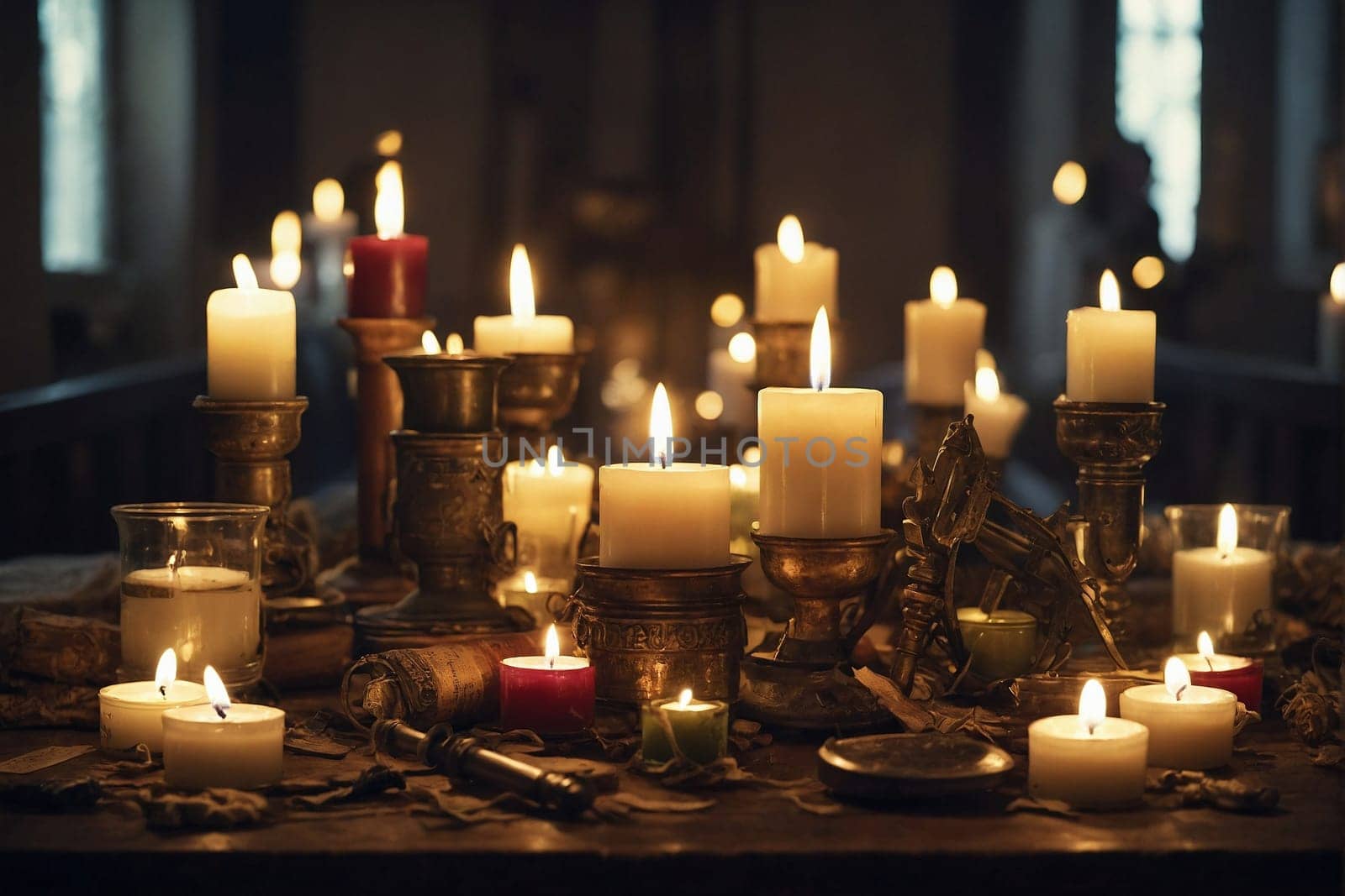 Table Decorated With Numerous Lit Candles. Generative AI. by artofphoto