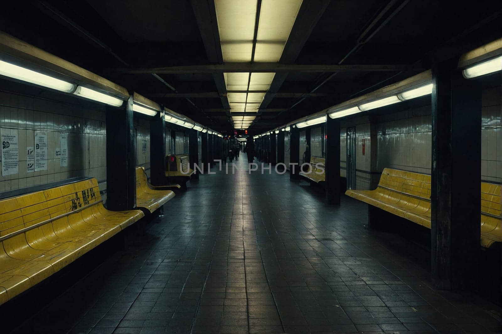 A photo capturing a subway station featuring yellow benches and a tiled floor.