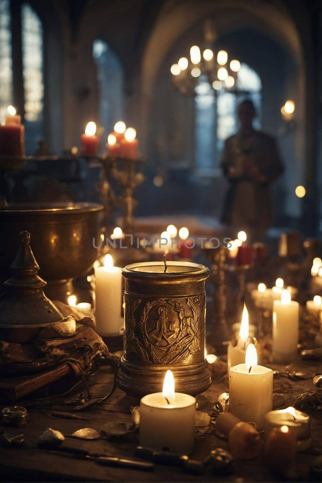 A table covered in multiple lit candles, creating an ambient and warm atmosphere.