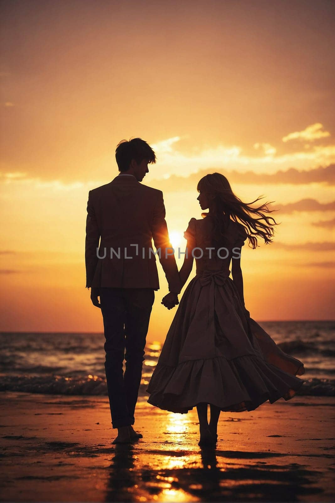 A Man and a Woman Walking on a Beach at Sunset. Generative AI. by artofphoto