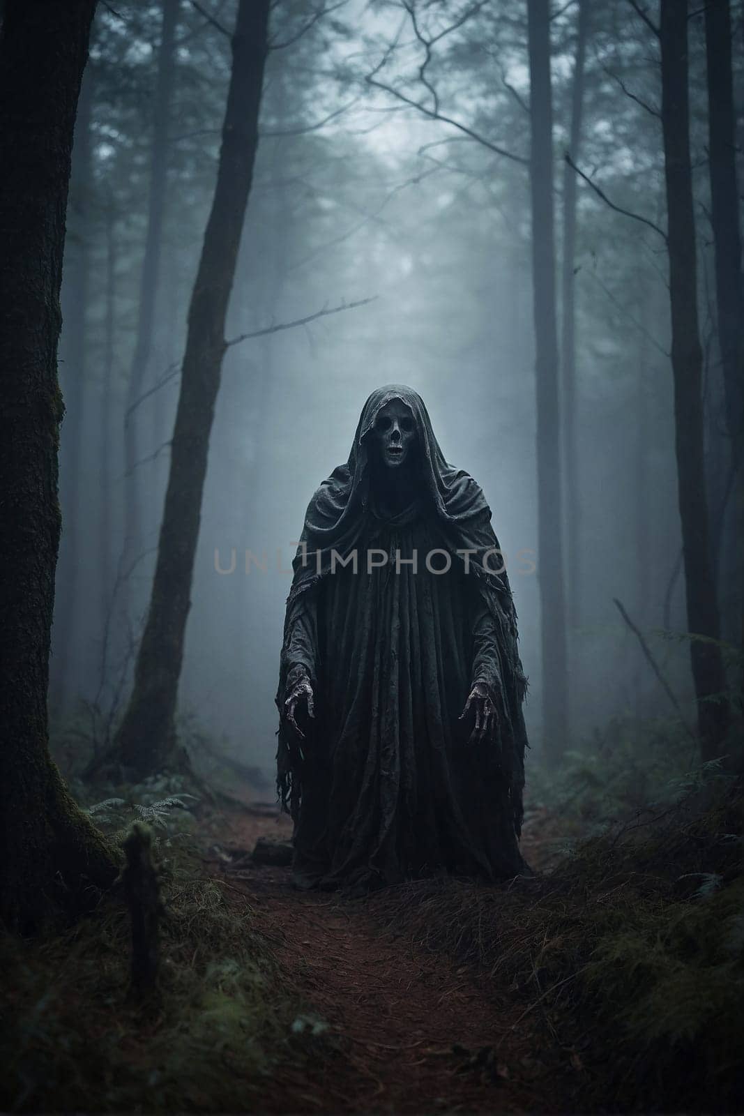 Person in a Hooded Cloak Standing in a Forest. Generative AI. by artofphoto