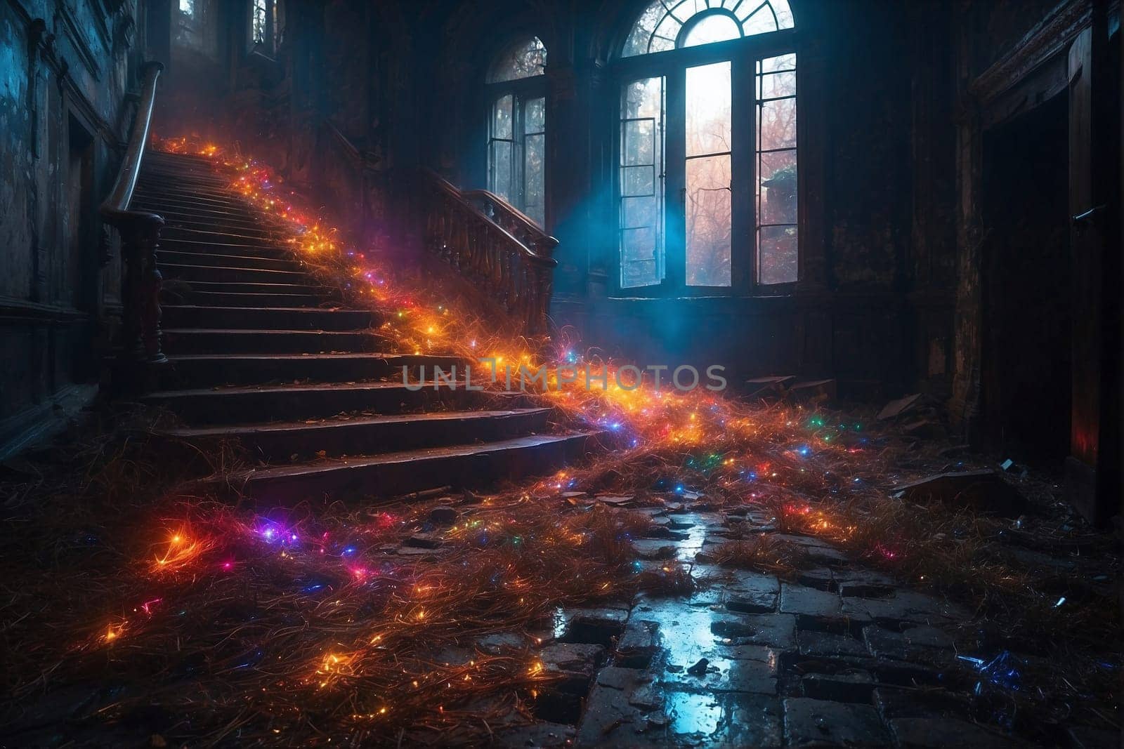 Stairs Adorned With Christmas Lights. Generative AI. by artofphoto