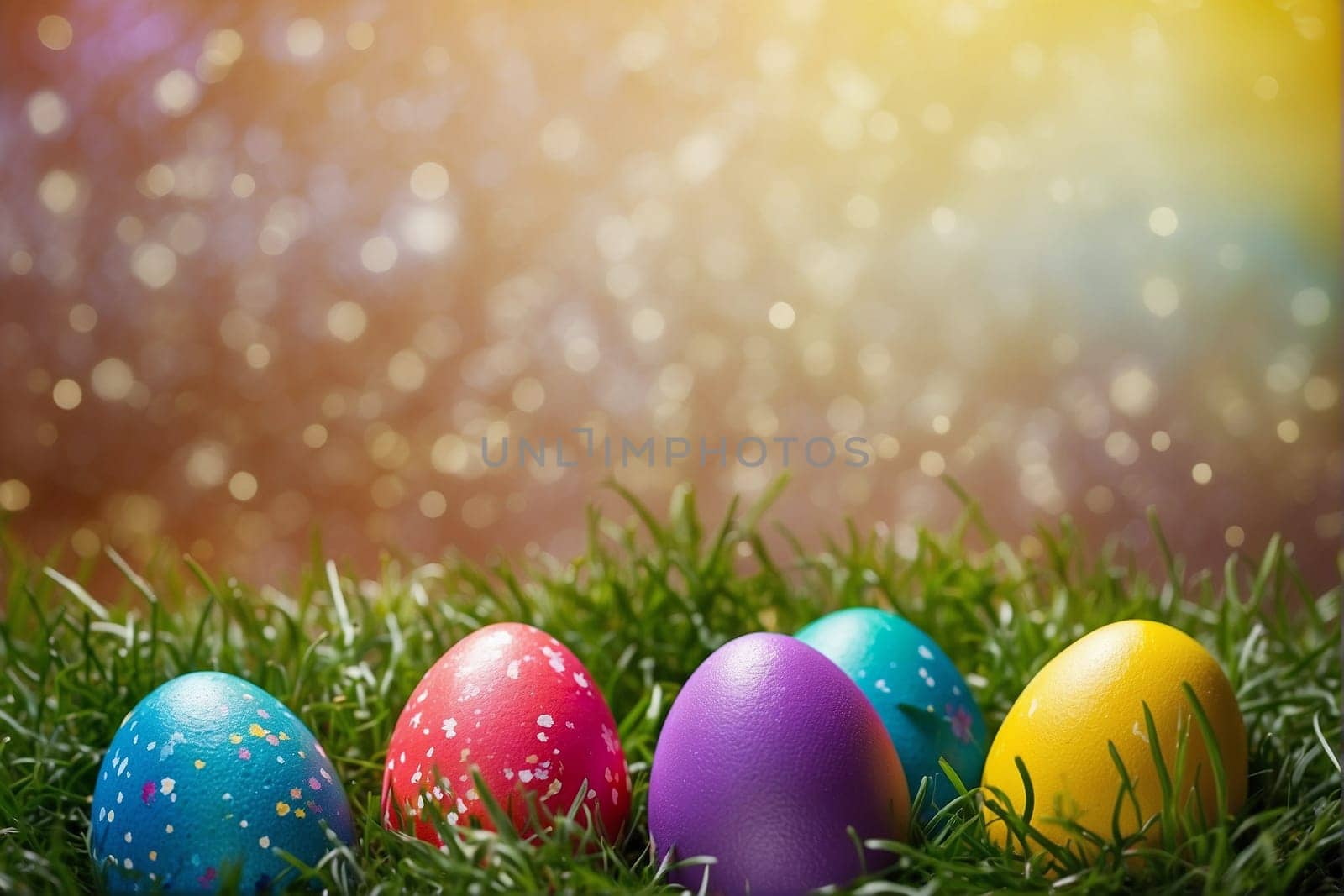 A vibrant collection of Easter eggs arranged together on the green grass.