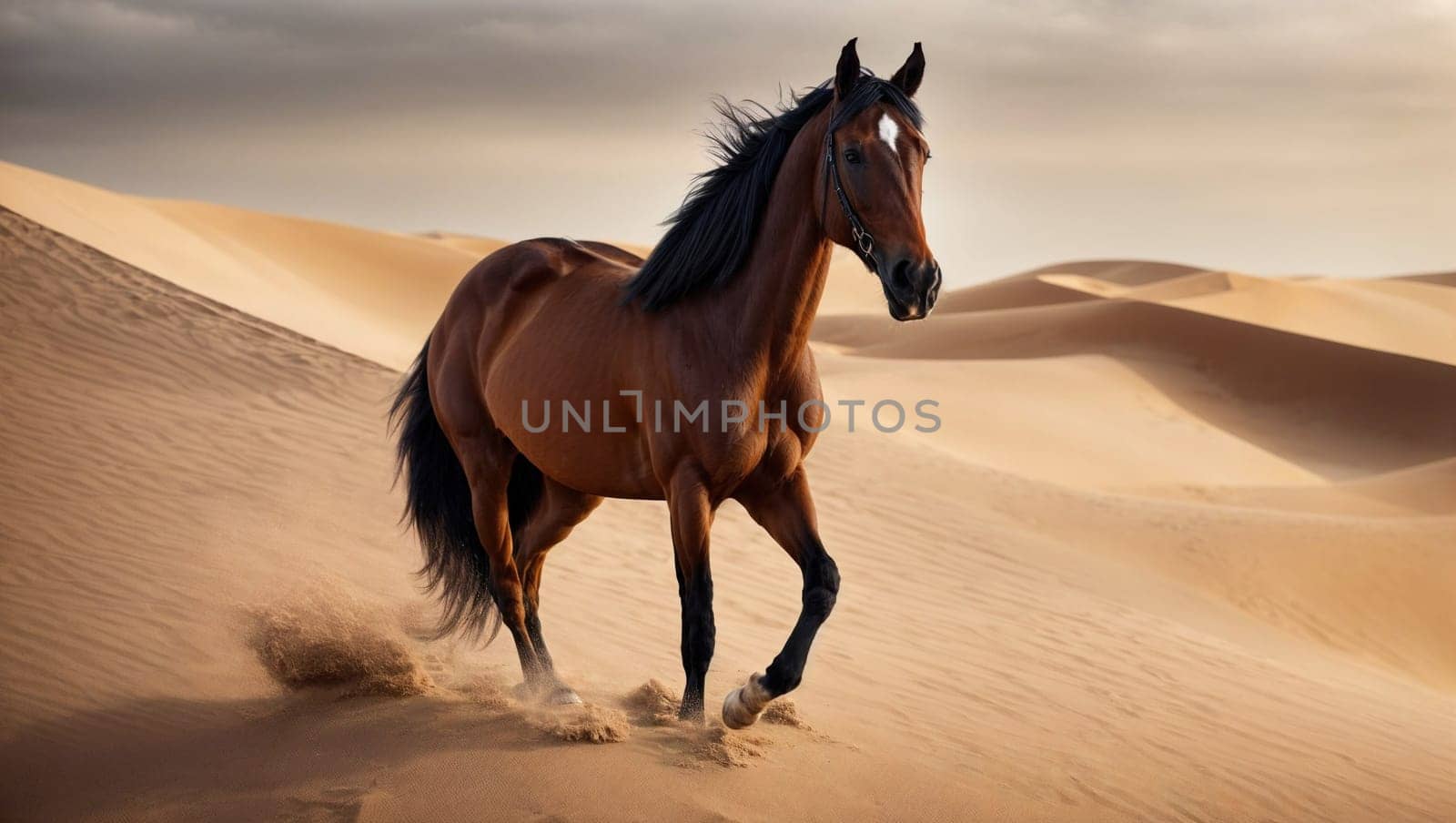 A powerful horse galloping across the sandy terrain of the dunes, leaving a trail of dust in its wake.