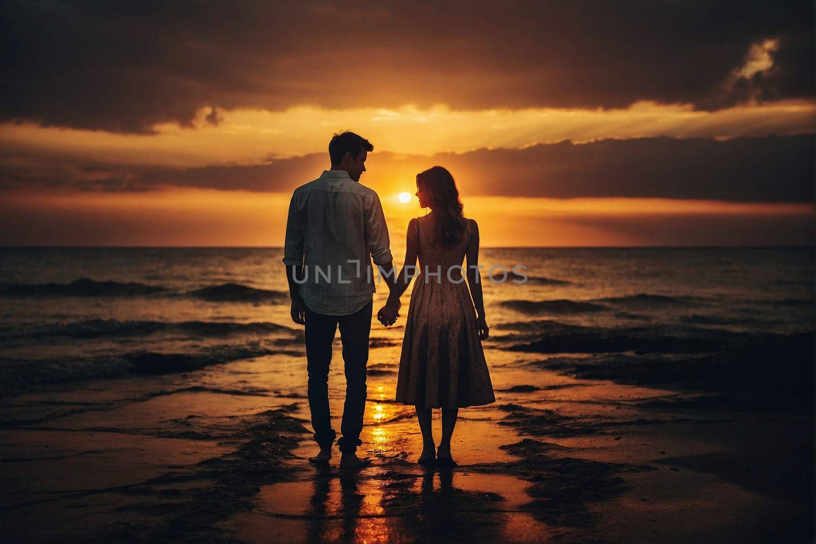 A man and a woman, standing side by side on a sandy beach, hold hands tightly and gaze into the distance.