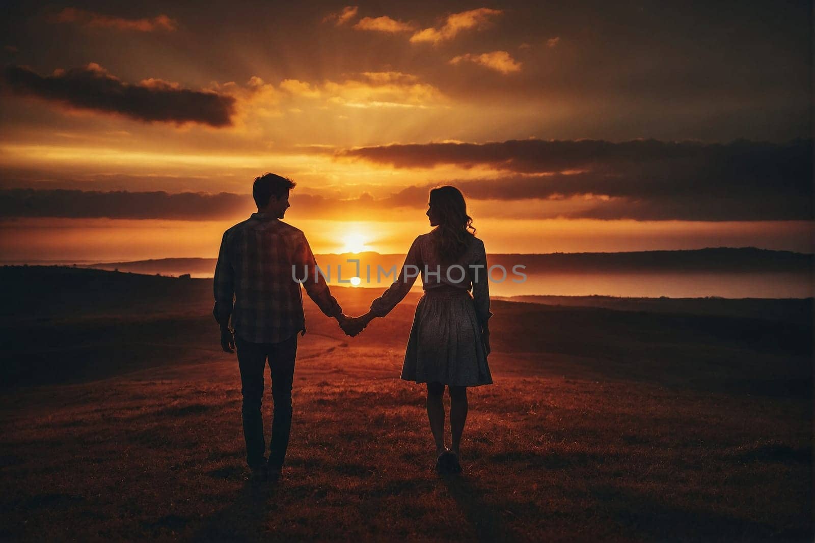 A couple stands side by side, holding hands as the sun sets behind them, creating a warm and romantic scene.