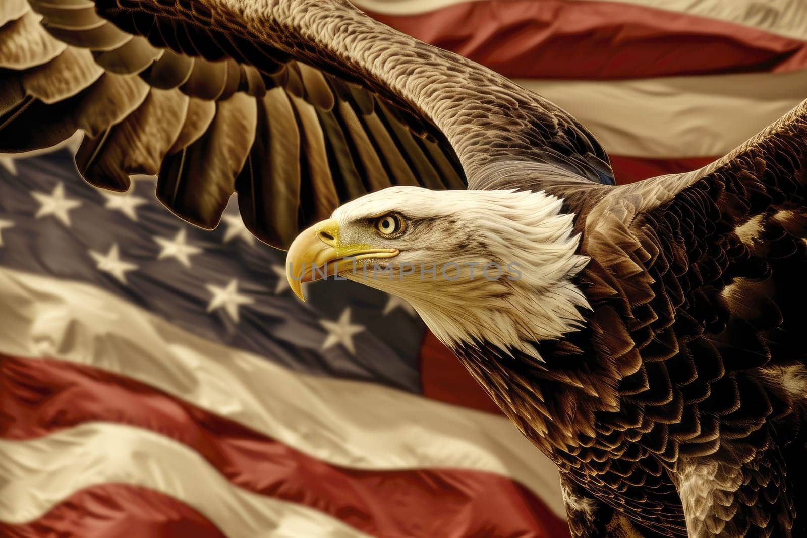 Illustration of an eagle on the background of the American flag closeup. Ai generation.