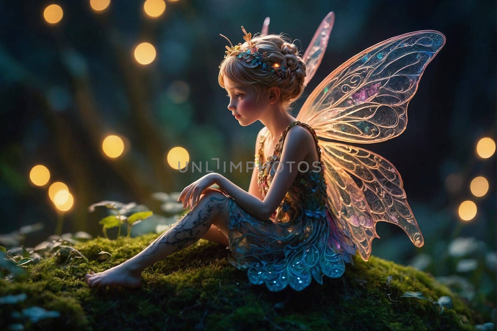 A fairy sitting on a mossy surface is surrounded by the soft glow of fairy lights in the background.