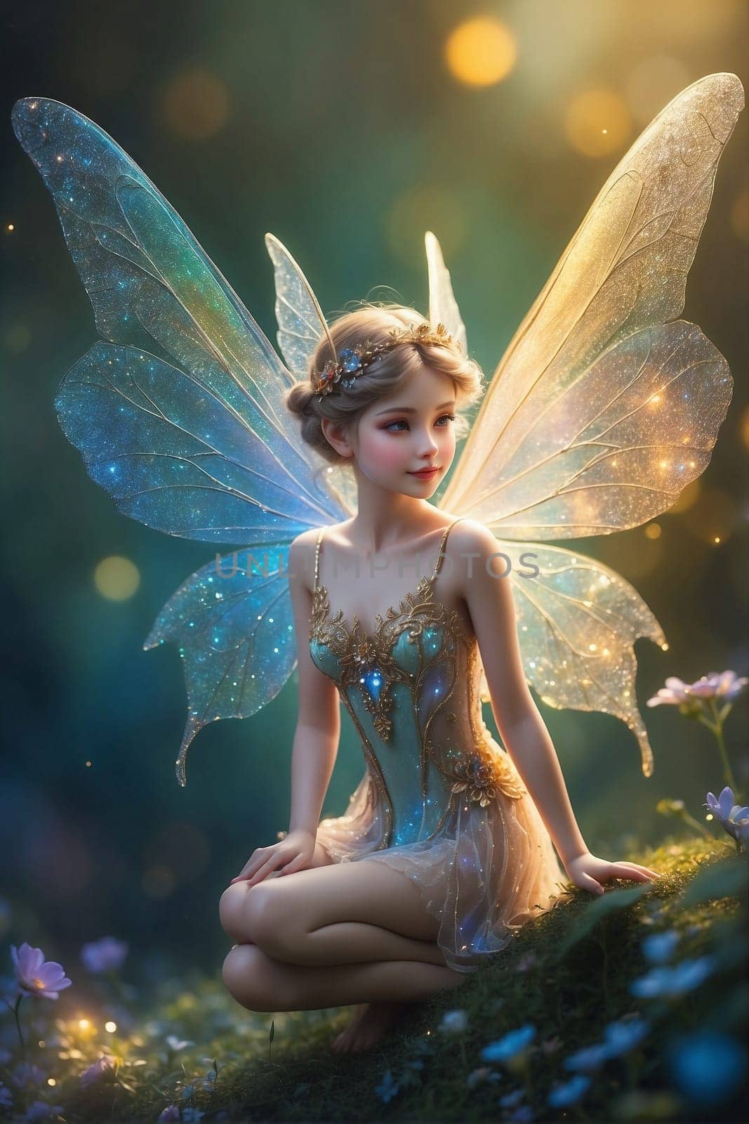 A fairy is seen sitting on the ground, holding a flower in her hand.