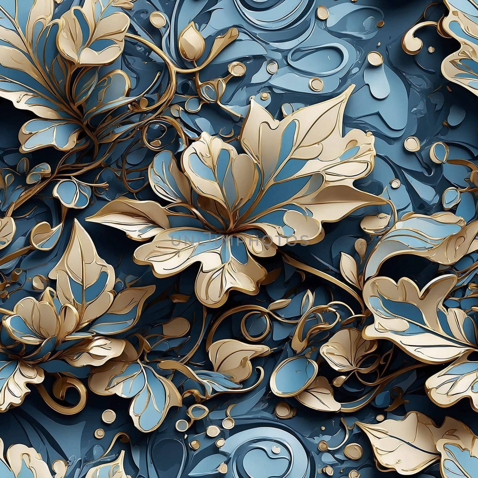 A detailed view of a seamless blue and gold wallpaper pattern, suitable for use as a background in graphic designs.