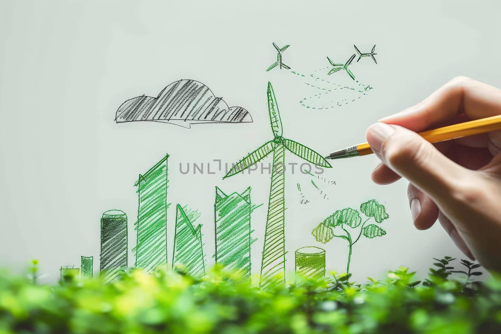 Green energy. Sustainable renewable energy, person drawing outlines sustainable energy.