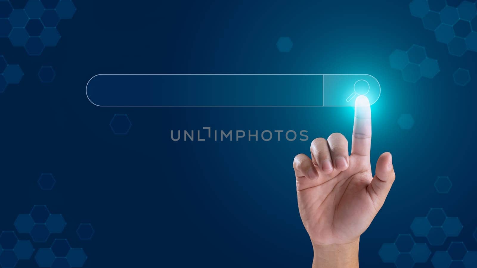 Hand of man touching search bar, searching browsing Internet data information networking concept with copy space. by Unimages2527