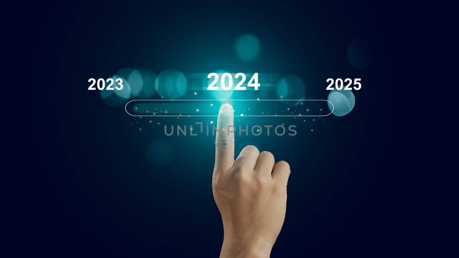 Human hand touch on virtual bar status to change from 2023 to 2024 and 2025 for preparation and focus new business concept, establish goals and a business plan, start new business and new life