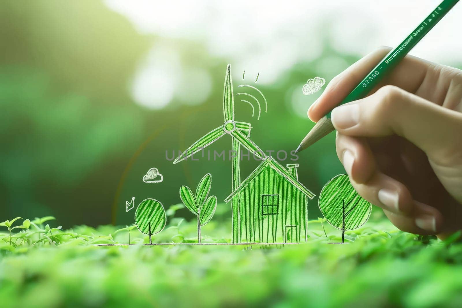 Green energy. Sustainable renewable energy, person drawing outlines sustainable energy.