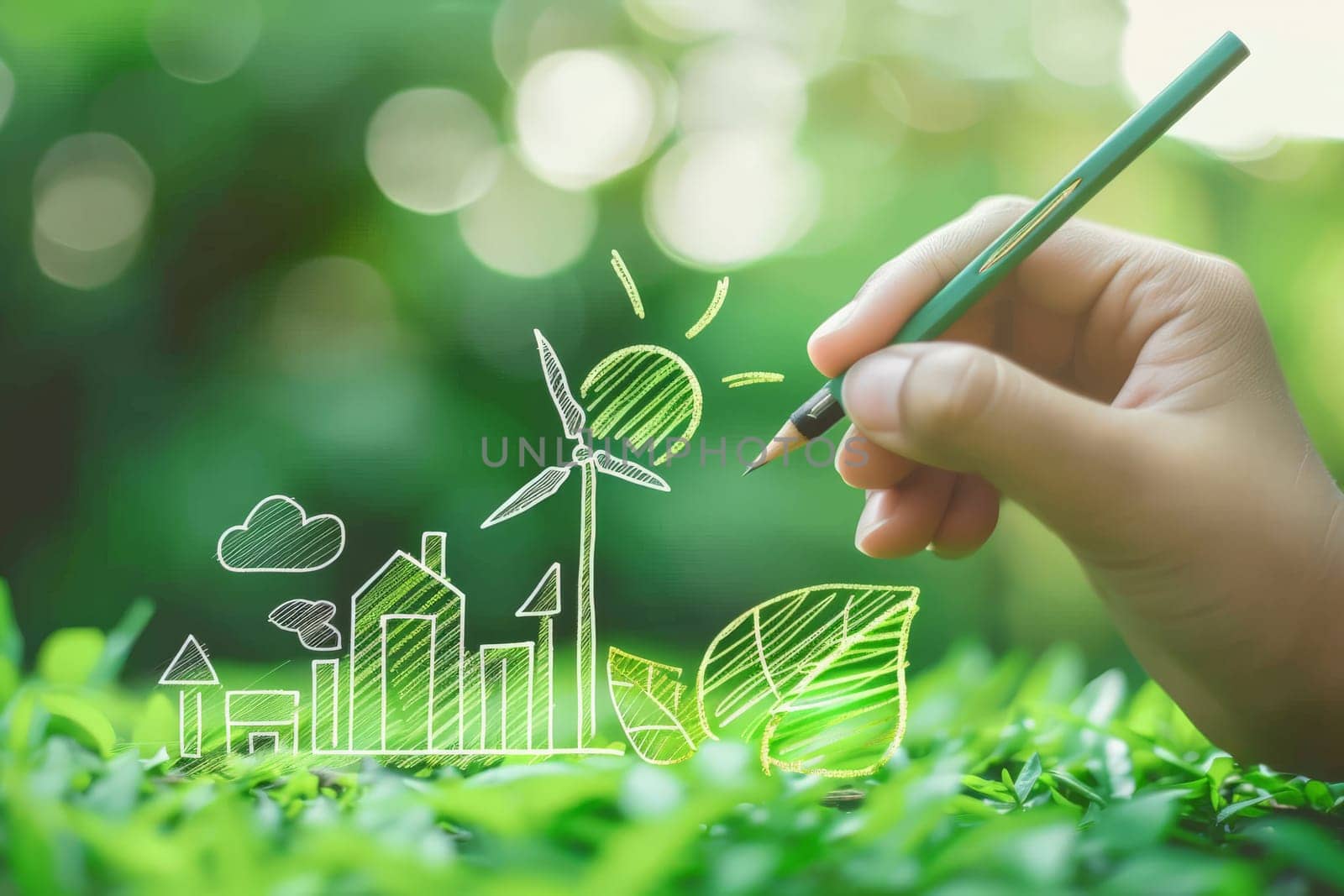 Green energy. Sustainable renewable energy, person drawing outlines sustainable energy.