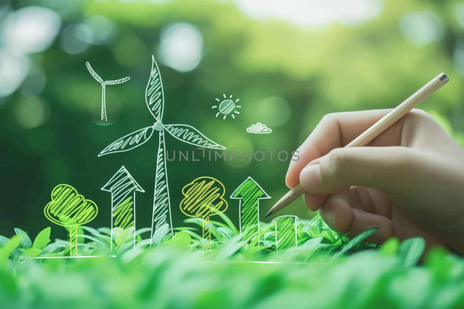 Green energy. Sustainable renewable energy, person drawing outlines sustainable energy.