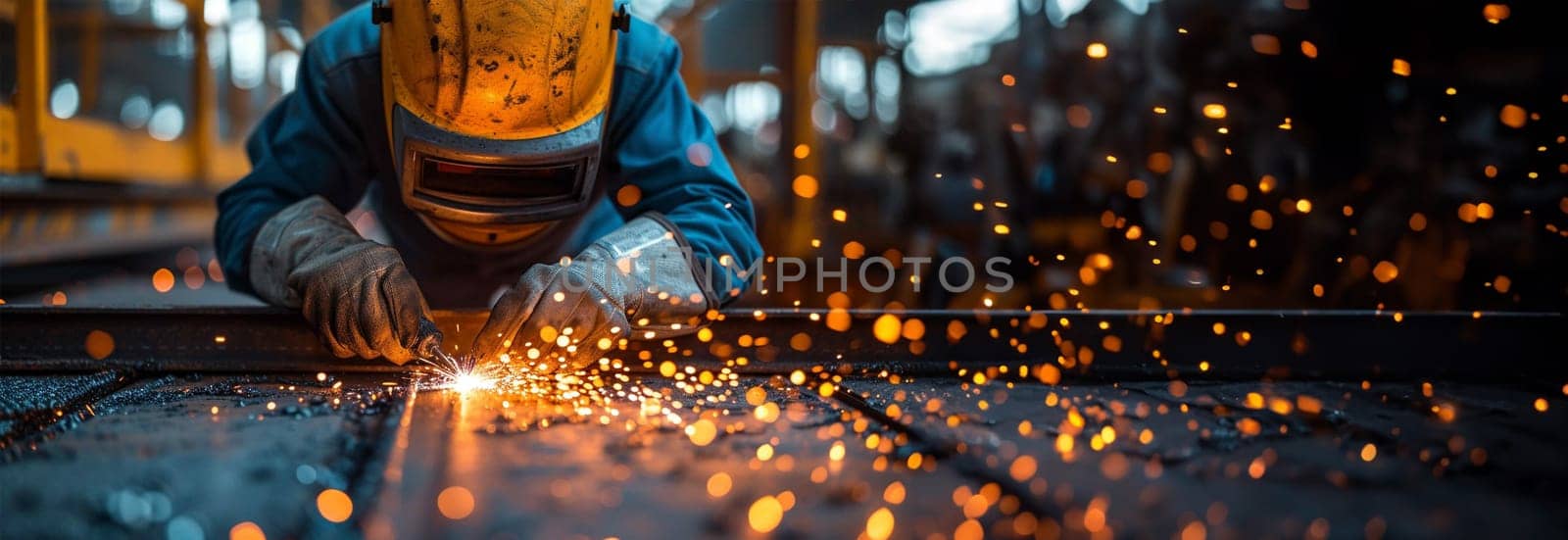 Proffessional welder at work. Handymen performing welding and grinding at their workplace in the workshop, while the sparks "fly" all around them, they wear a protective helmet and equipment. Sparkling lights by Annebel146