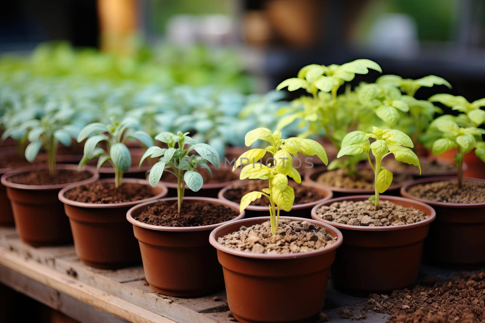 Seedlings of basil in pots, growing basil in a greenhouse, basil is a spicy herb.