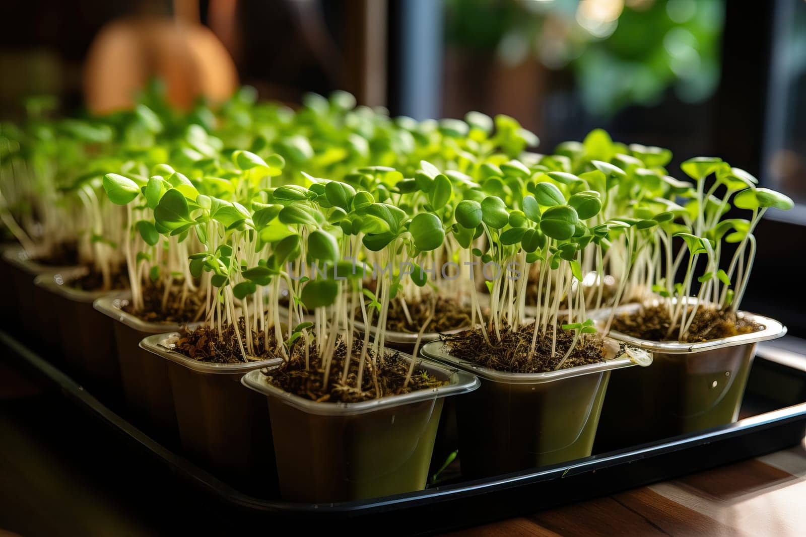 Growing microgreens in plastic cups, young microgreen sprouts close-up.