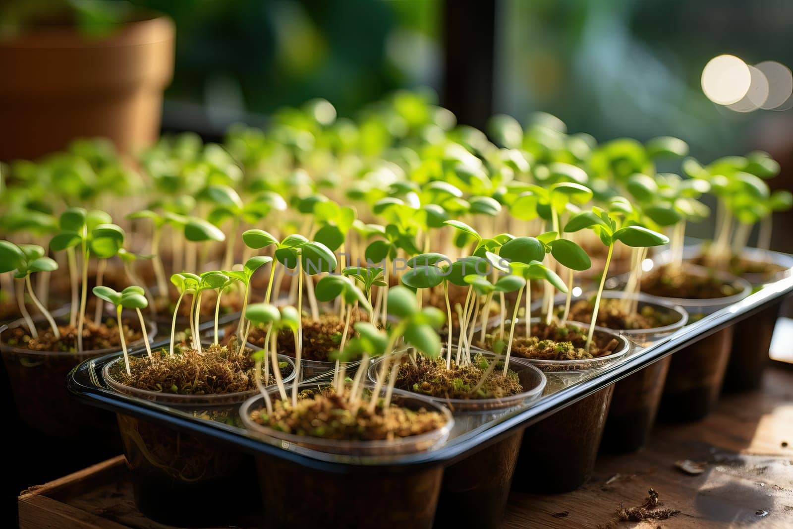 Growing microgreens in plastic cups, young microgreen sprouts close-up.