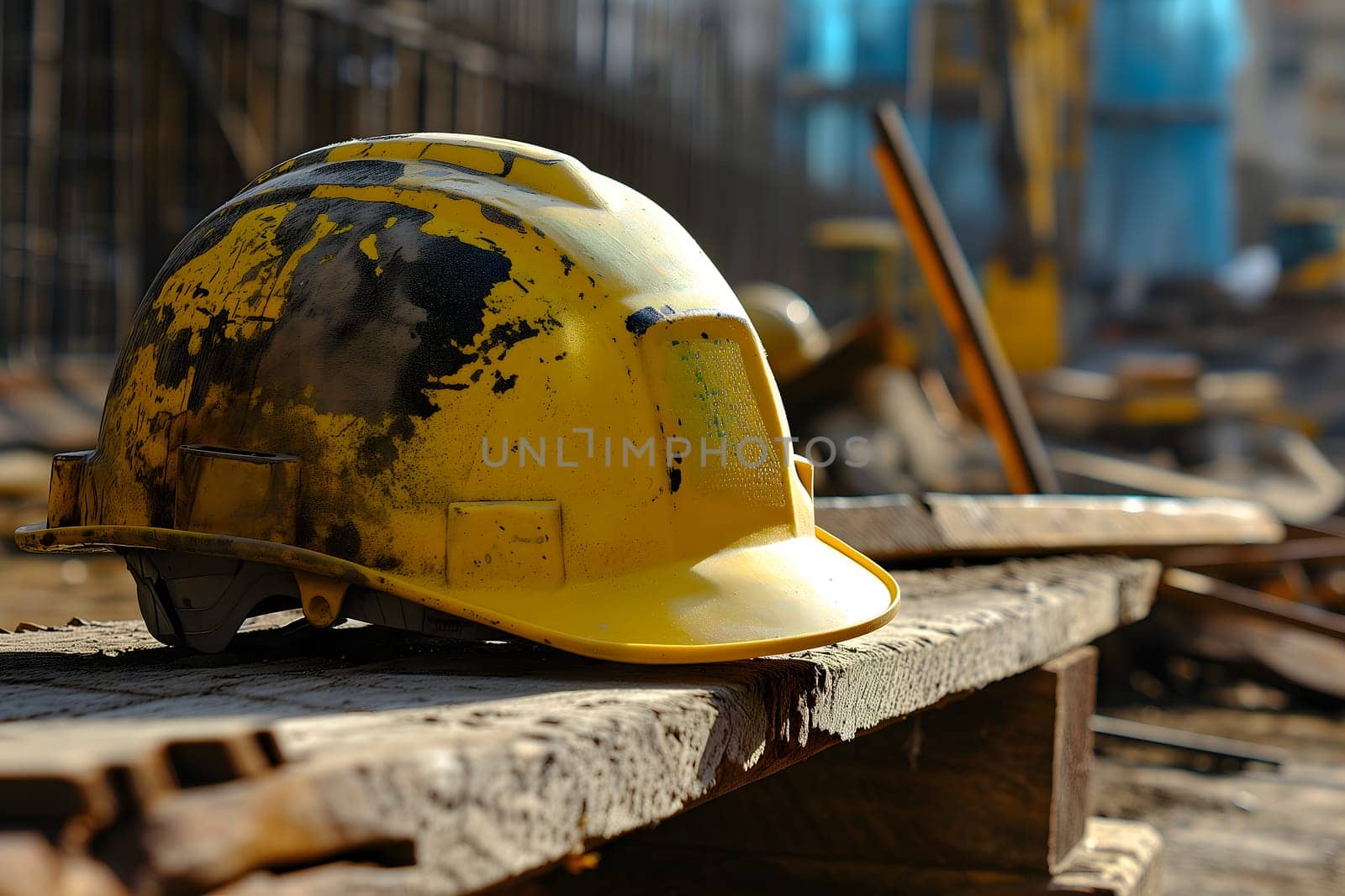 Old yellow hard hat at construction site. Neural network generated image. Not based on any actual scene or pattern.