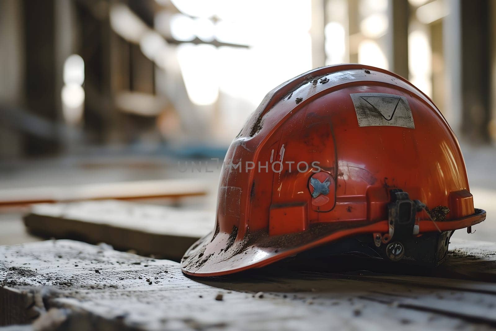 Old orange hard hat at construction site. Neural network generated image. Not based on any actual scene or pattern.