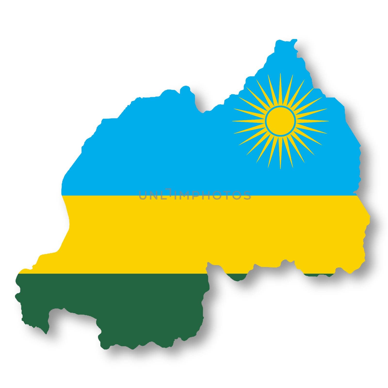 A Rwanda flag map on white background with clipping path