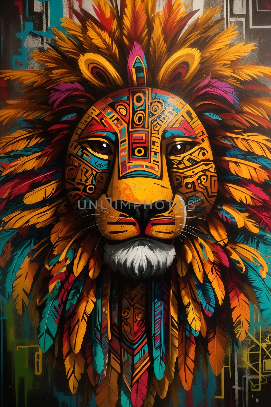 A painting of a lion with feathers adorning its body, standing majestically against a vibrant backdrop.