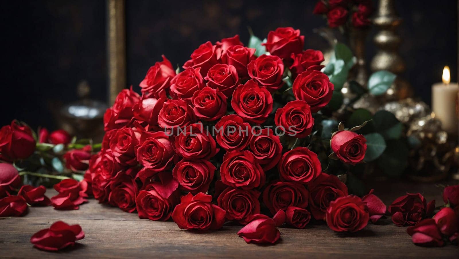 A collection of red roses arranged in a bunch and placed on a table.