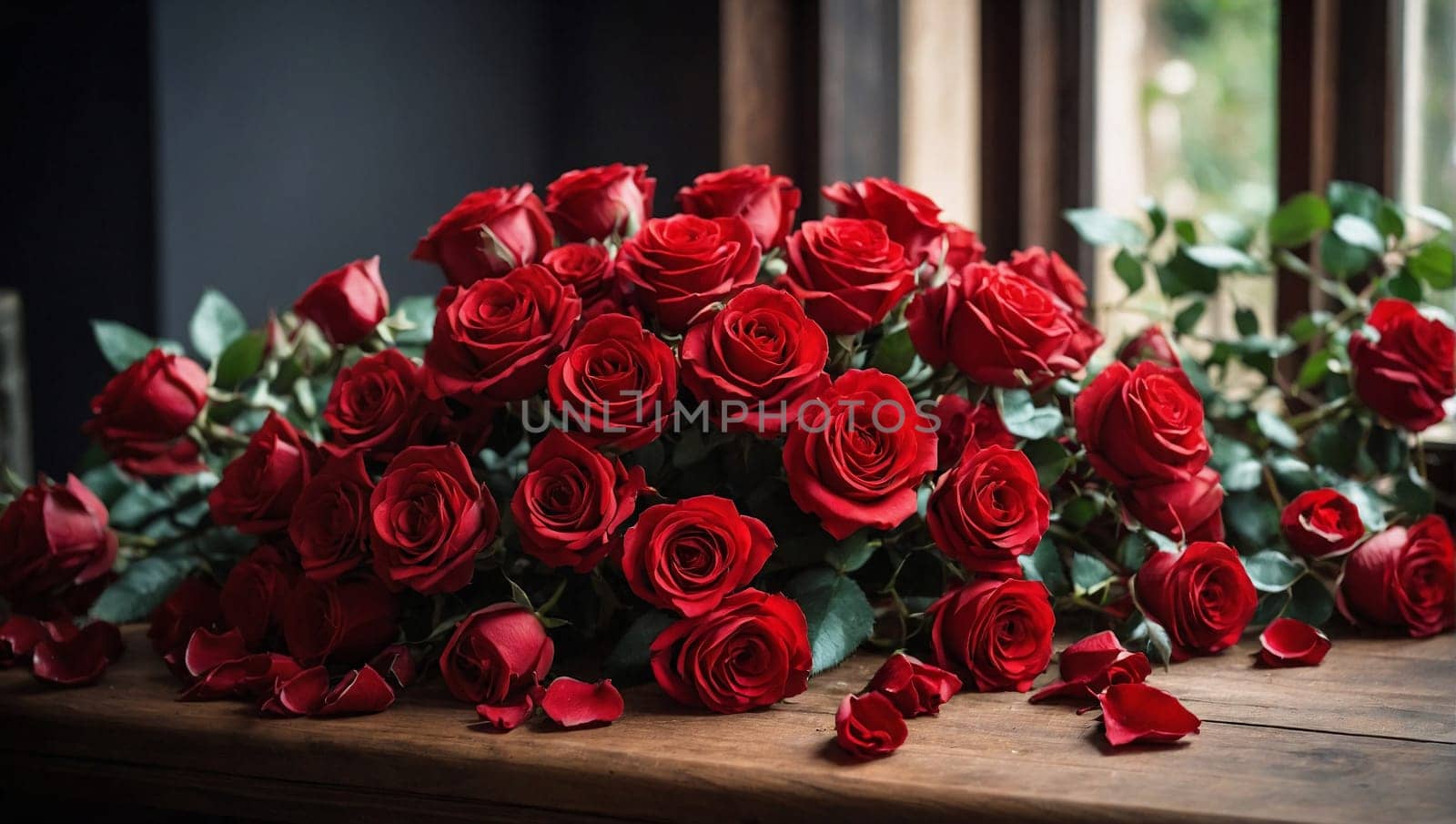 A collection of vibrant red roses arranged neatly on a wooden table.