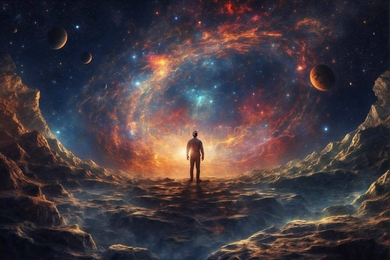 A man stands in the middle of a vast space filled with stars, exploring the universe.
