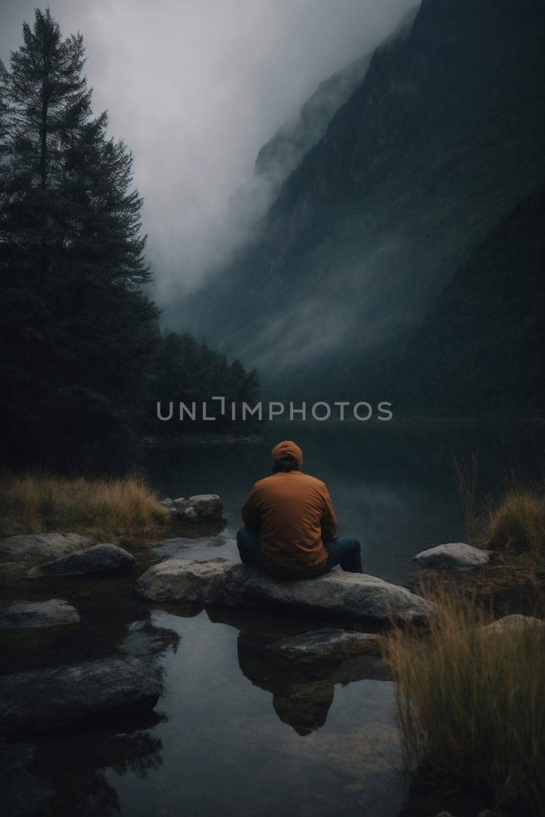 A person sits on a rock near a peaceful body of water, gazing out at the calm surroundings.