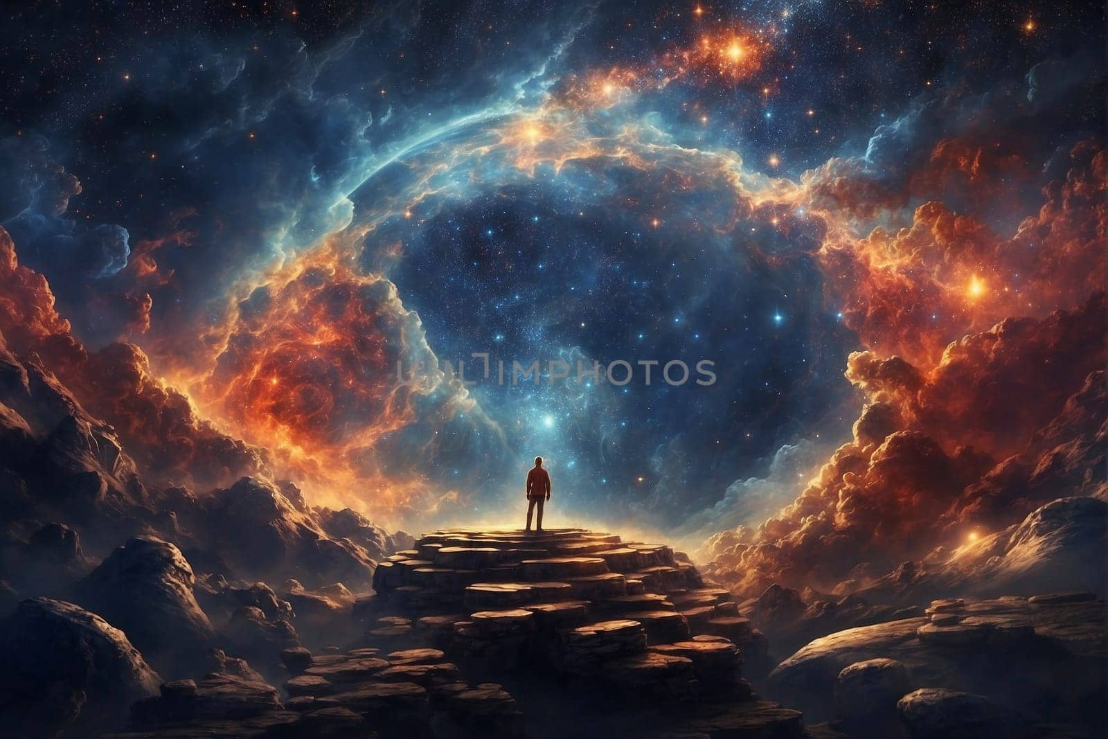 A person stands on a platform in the middle of a sky filled with stars, gazing at the vastness of the universe.