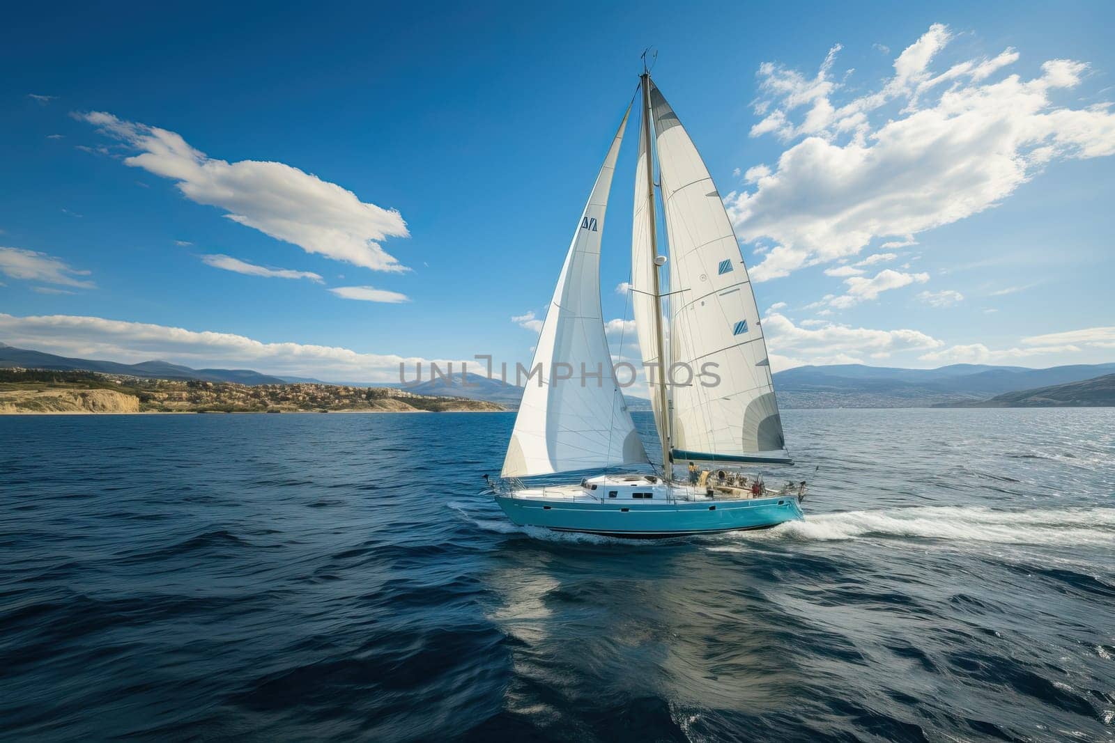 Sailing yacht in the sea against the background of the sky and mountains, vacation on a yacht with sails.