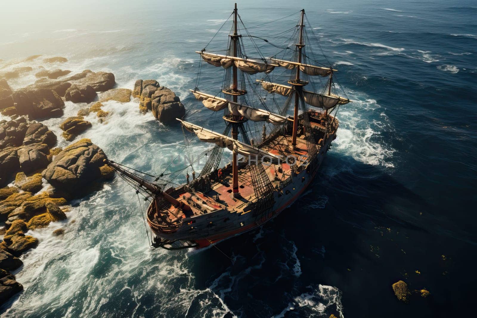 A large ship with sails, an old type of ship stands on the shoals of the sea near the beach, top view of the ship. Pirate ship sailing on the ocean. by Niko_Cingaryuk
