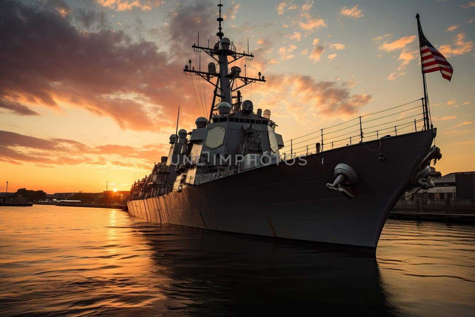 American warship in port on the background of the sunset. by Niko_Cingaryuk