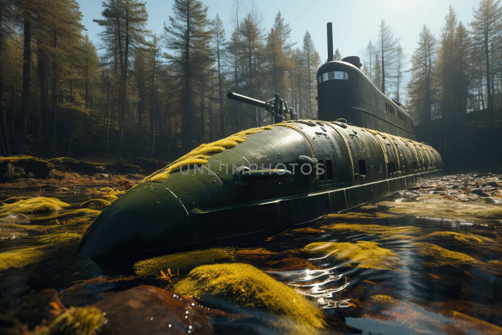 A military submarine floats over the water. by Niko_Cingaryuk