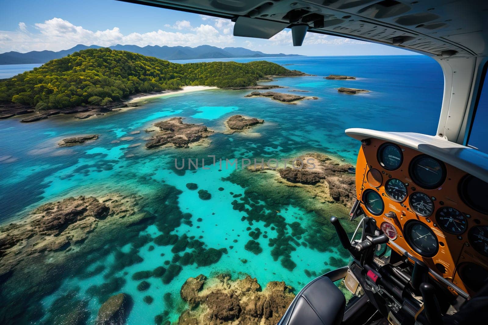 Helicopter view of coral reefs and the sea, a tourist location in the sea.