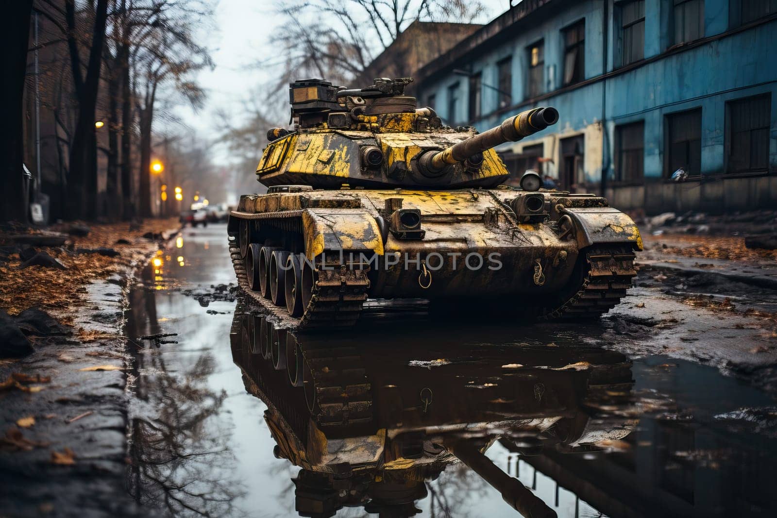 Tanks in the middle of a destroyed city, the tank is painted yellow.