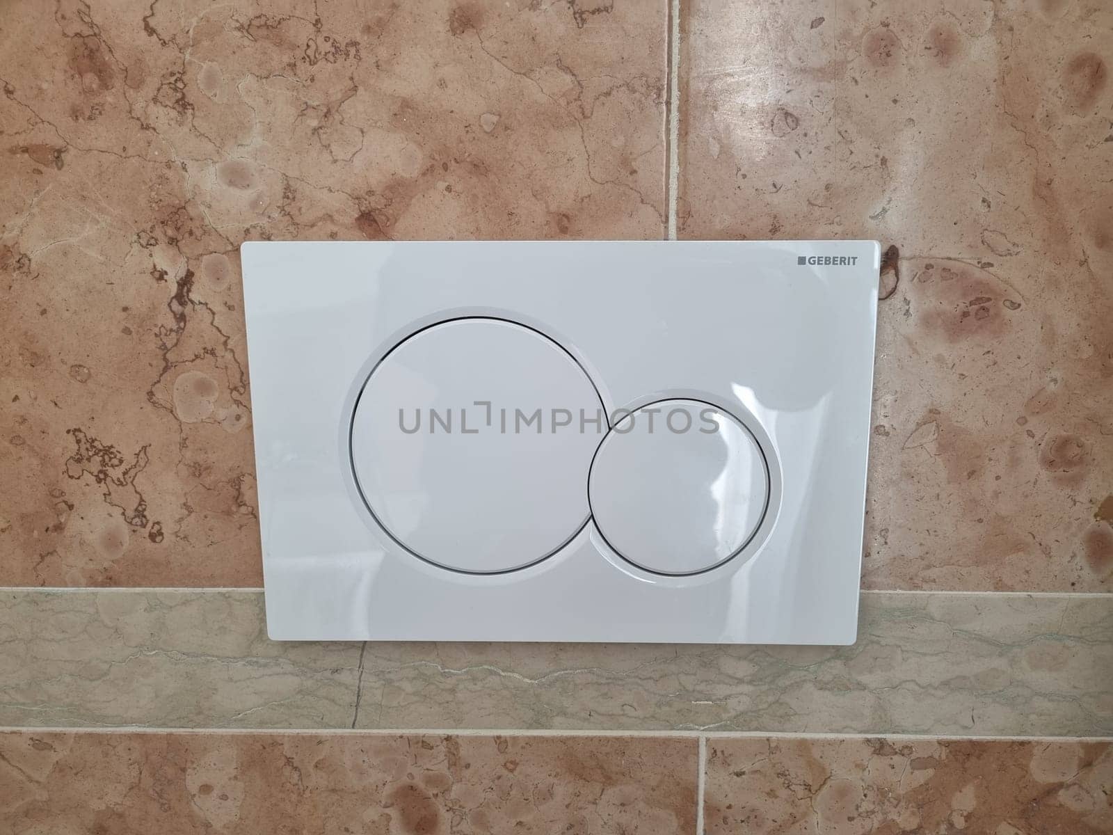 White toilet flush button hanging on tiled wall with rose marble background. Copy Space.