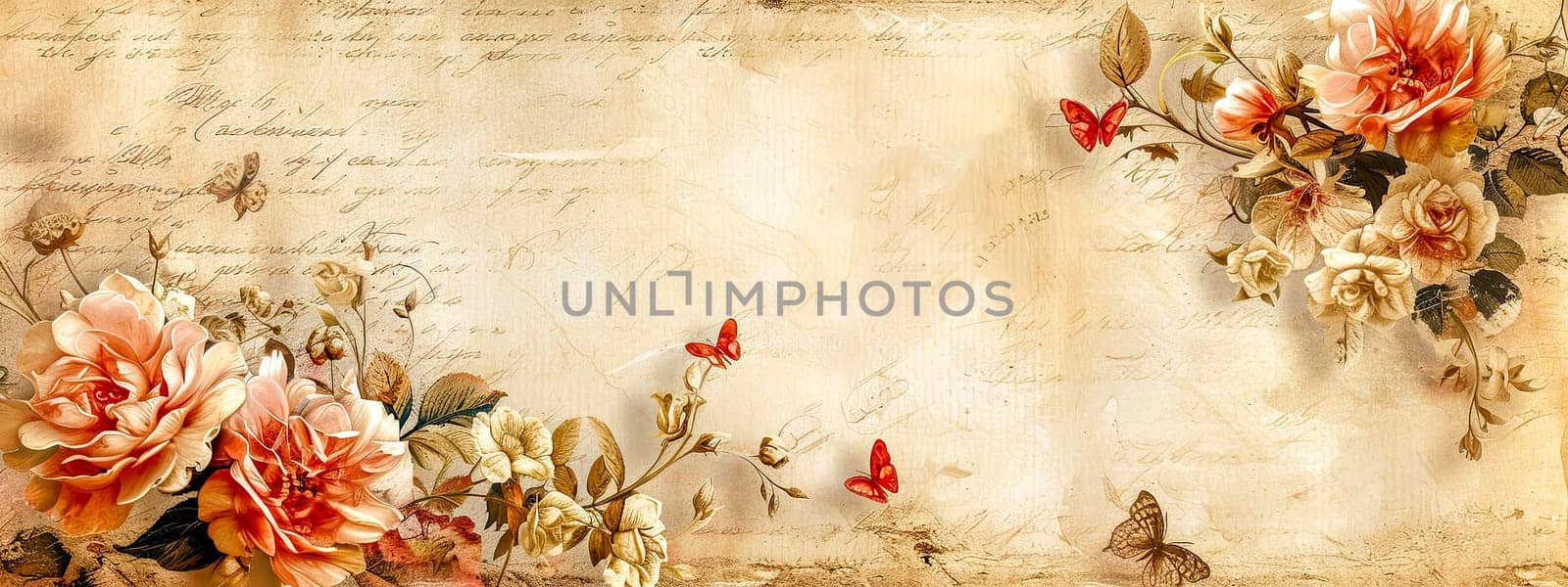 Elegant Vintage Floral and Butterfly Wallpaper - Antique Roses with Handwritten Script Background by Edophoto